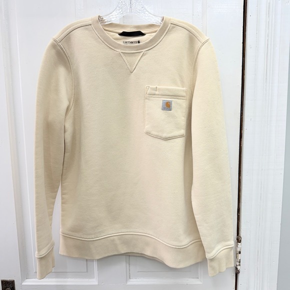 Carhartt Tops - Carhartt Women's large 12 14 Relaxed Fit Cream Sweatshirt Pocket Pullover Logo